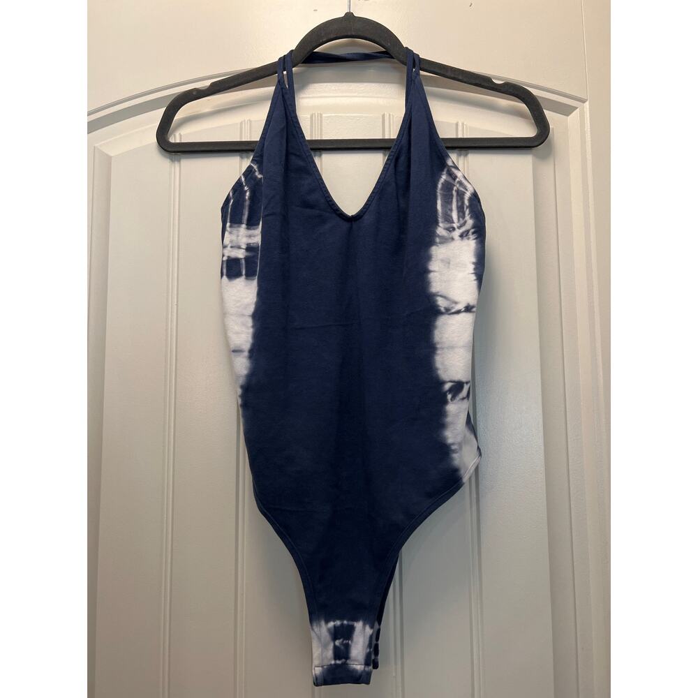 Topshop Women’s Sleeveless Scoop Neck Tie Dye Halter‎ Bodysuit  Sz 8 Blue White